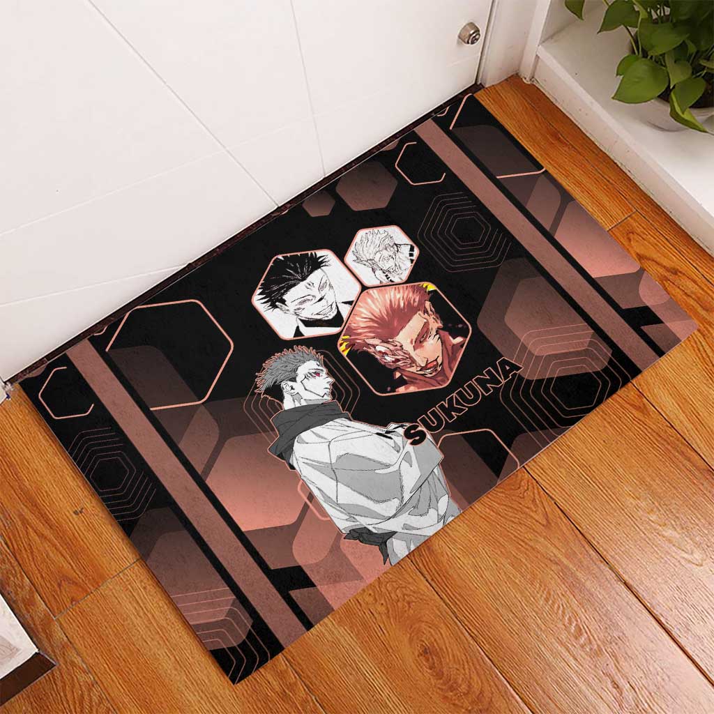 Ryomen Sukuna Jujutsu Kaisen Brown Hexagon Design Rubber Doormat with Cursed Marks and Manga Style Art - The Mazicc