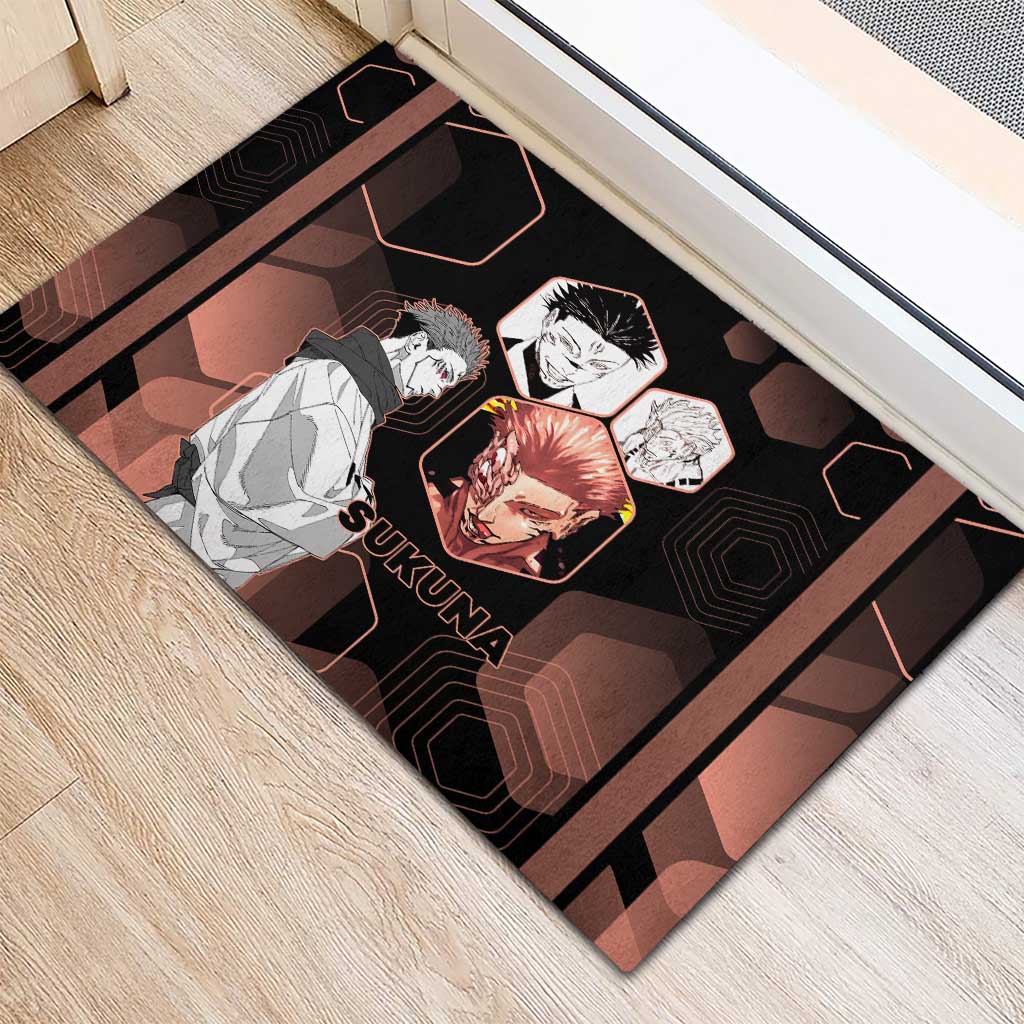 Ryomen Sukuna Jujutsu Kaisen Brown Hexagon Design Rubber Doormat with Cursed Marks and Manga Style Art - The Mazicc
