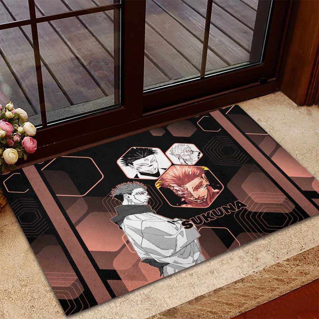 Ryomen Sukuna Jujutsu Kaisen Brown Hexagon Design Rubber Doormat with Cursed Marks and Manga Style Art - The Mazicc