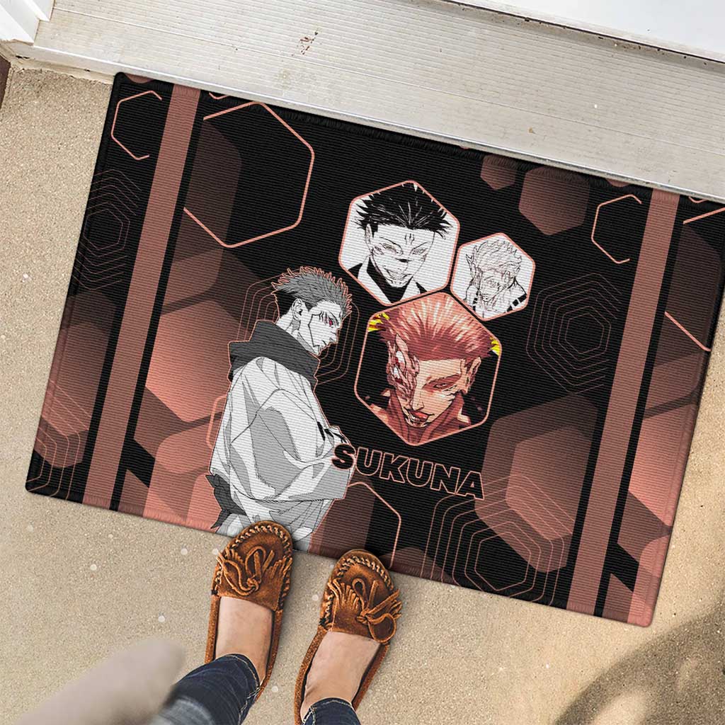 Ryomen Sukuna Jujutsu Kaisen Brown Hexagon Design Rubber Doormat with Cursed Marks and Manga Style Art - The Mazicc