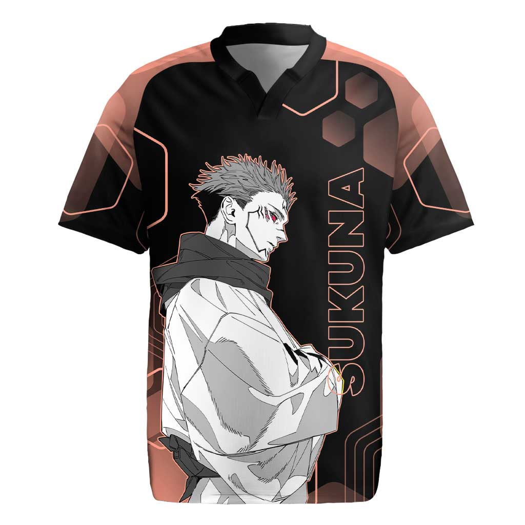 Ryomen Sukuna Jujutsu Kaisen Brown Hexagon Design Rugby Jersey with Cursed Marks and Manga Style Art - The Mazicc