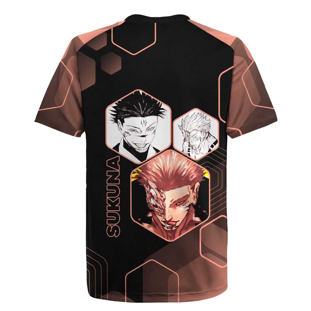 Ryomen Sukuna Jujutsu Kaisen Brown Hexagon Design Rugby Jersey with Cursed Marks and Manga Style Art - The Mazicc