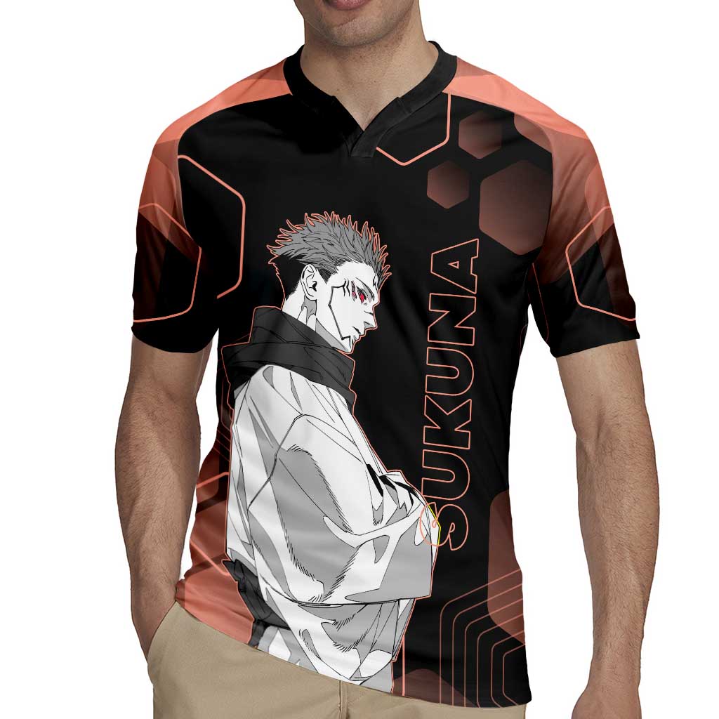 Ryomen Sukuna Jujutsu Kaisen Brown Hexagon Design Rugby Jersey with Cursed Marks and Manga Style Art - The Mazicc