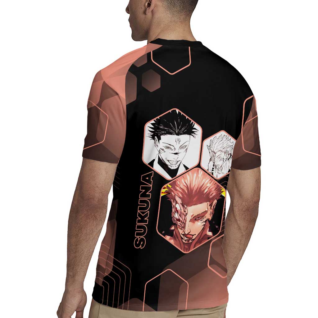 Ryomen Sukuna Jujutsu Kaisen Brown Hexagon Design Rugby Jersey with Cursed Marks and Manga Style Art - The Mazicc