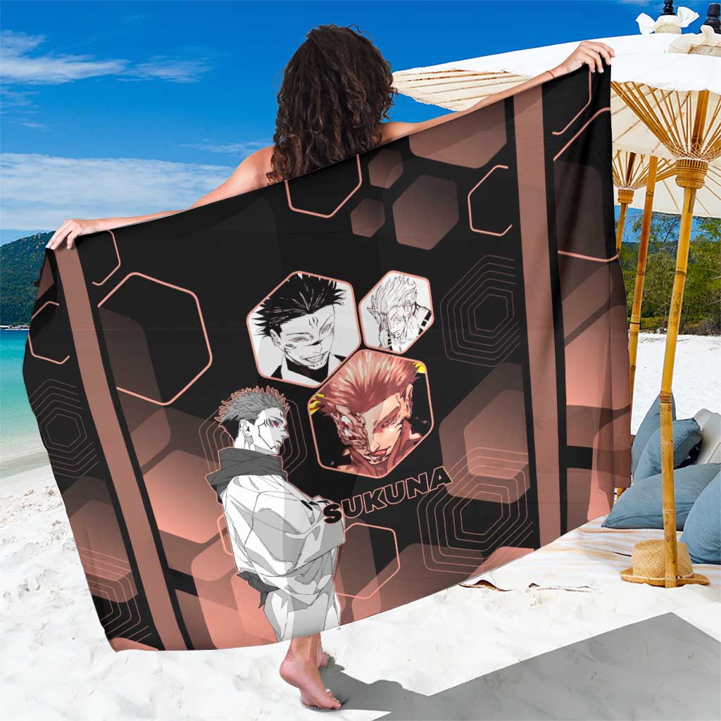 Ryomen Sukuna Jujutsu Kaisen Brown Hexagon Design Sarong with Cursed Marks and Manga Style Art - The Mazicc