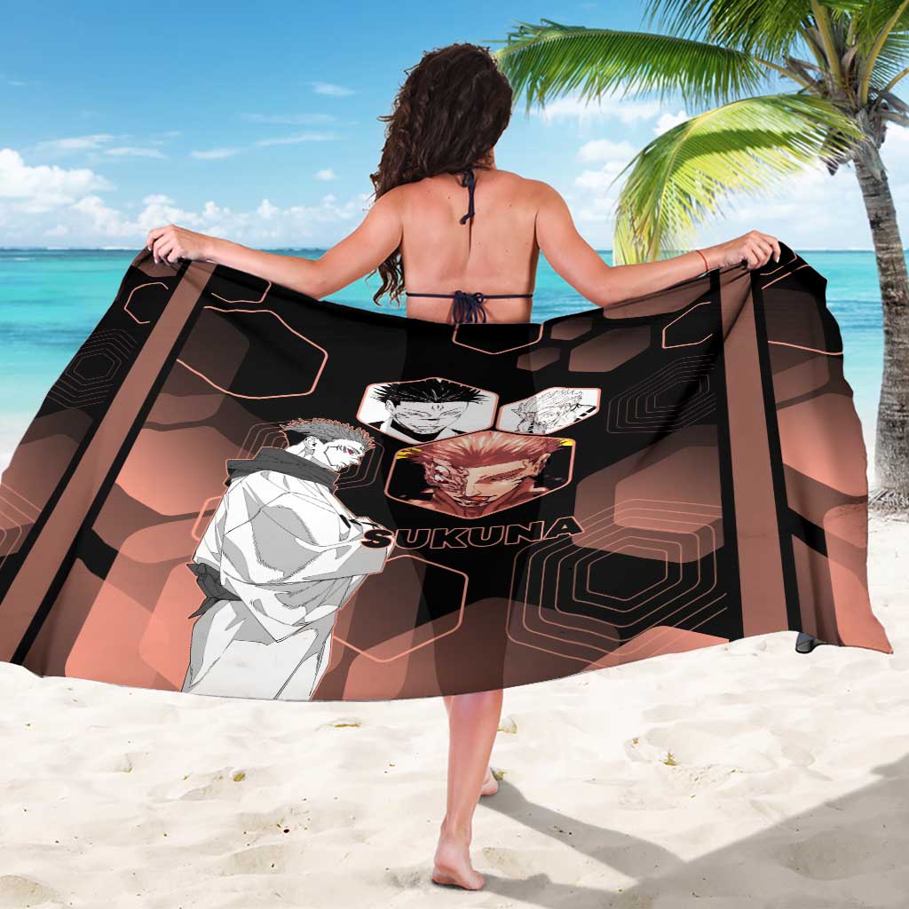 Ryomen Sukuna Jujutsu Kaisen Brown Hexagon Design Sarong with Cursed Marks and Manga Style Art - The Mazicc