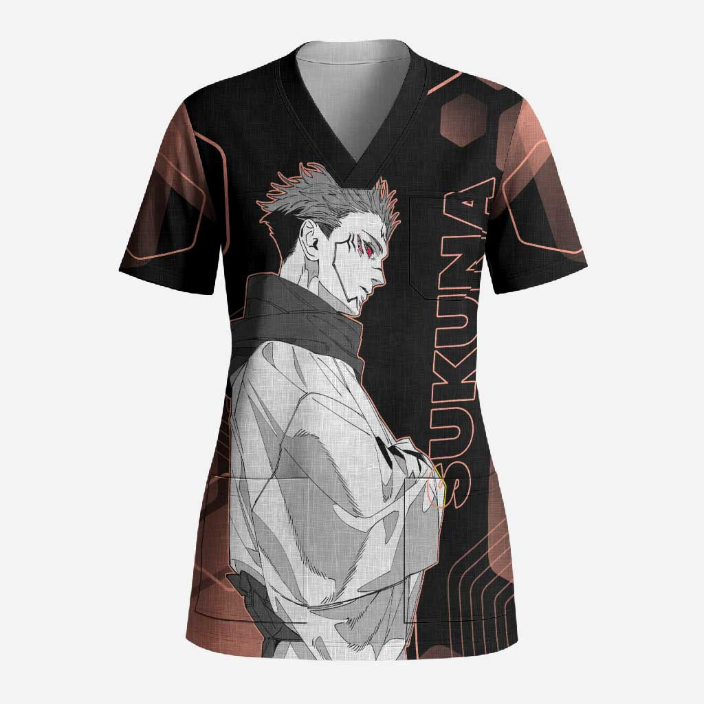 Ryomen Sukuna Jujutsu Kaisen Brown Hexagon Design Scrub Top with Cursed Marks and Manga Style Art - The Mazicc