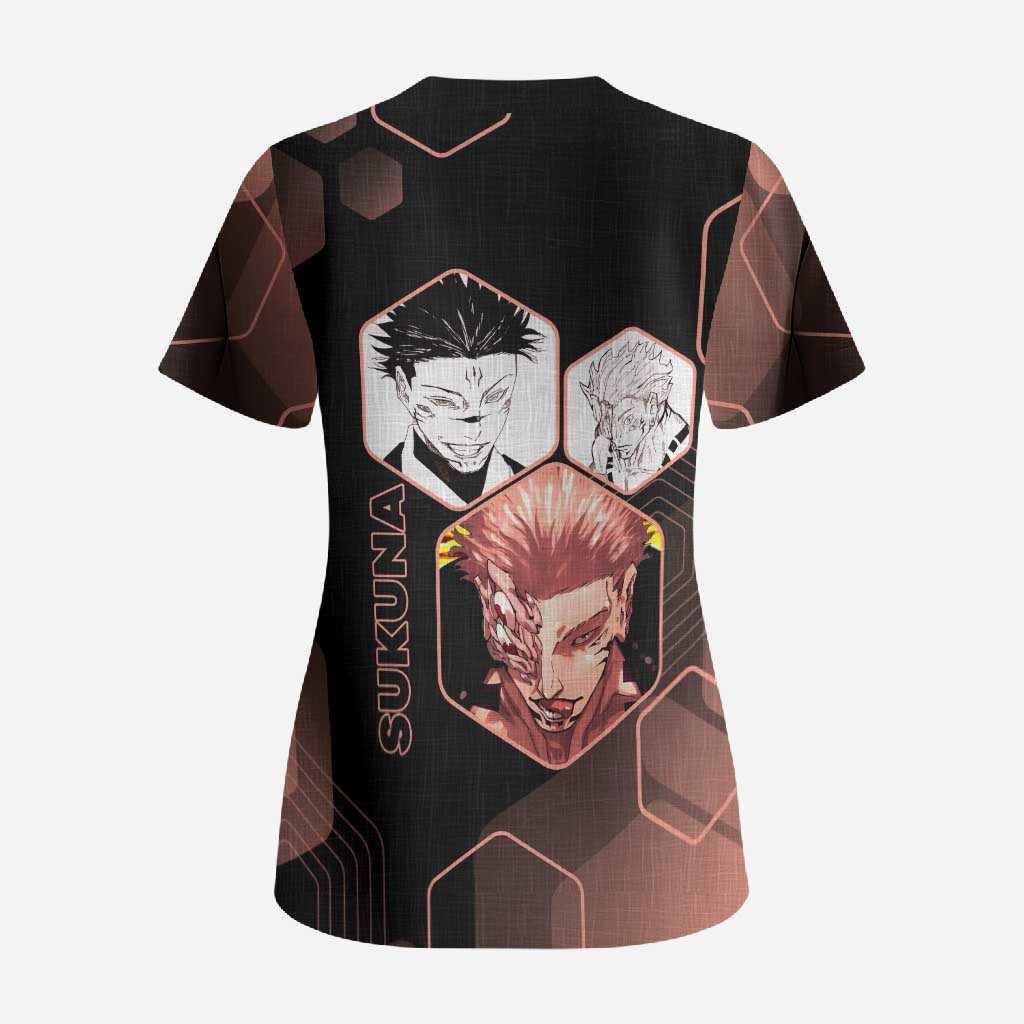 Ryomen Sukuna Jujutsu Kaisen Brown Hexagon Design Scrub Top with Cursed Marks and Manga Style Art - The Mazicc