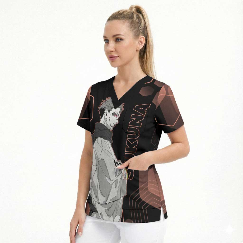 Ryomen Sukuna Jujutsu Kaisen Brown Hexagon Design Scrub Top with Cursed Marks and Manga Style Art - The Mazicc
