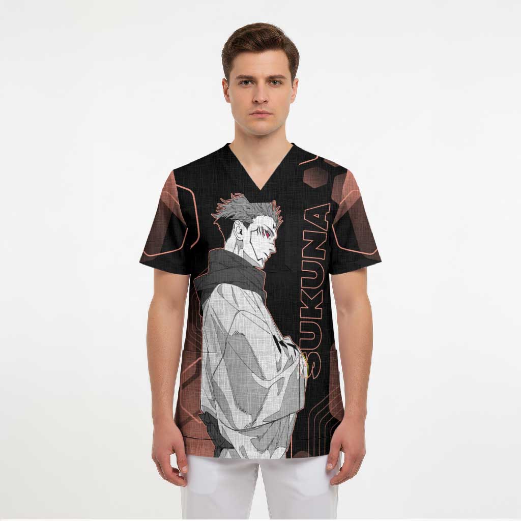 Ryomen Sukuna Jujutsu Kaisen Brown Hexagon Design Scrub Top with Cursed Marks and Manga Style Art - The Mazicc