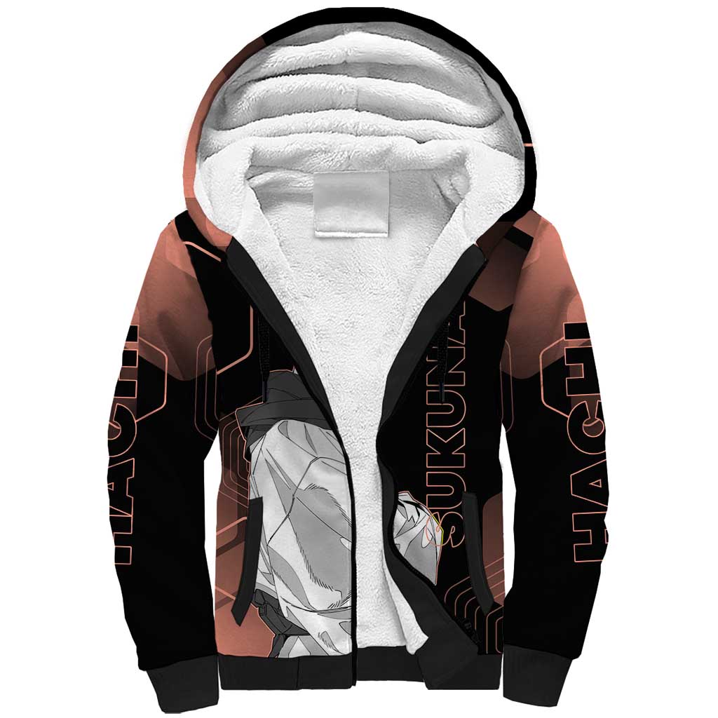 Ryomen Sukuna Jujutsu Kaisen Brown Hexagon Design Sherpa Hoodie with Cursed Marks and Manga Style Art - The Mazicc