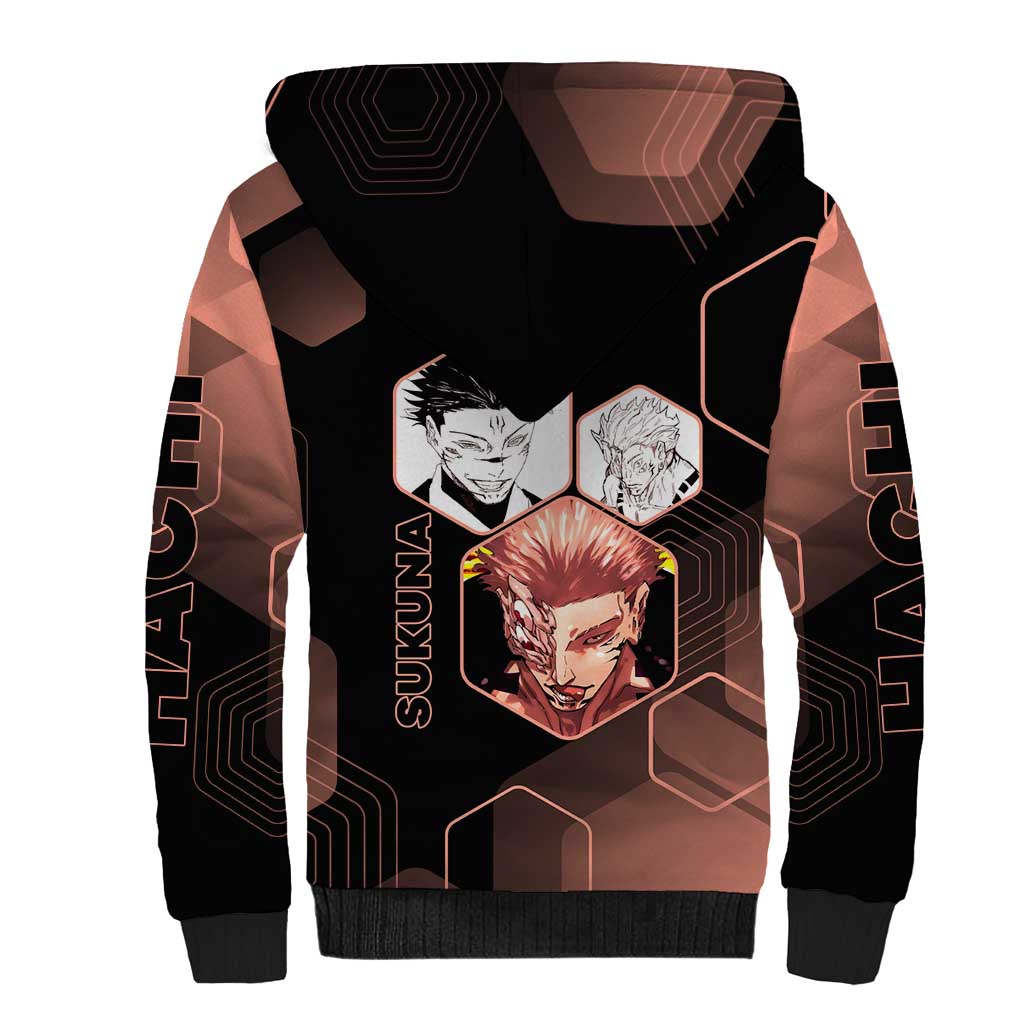 Ryomen Sukuna Jujutsu Kaisen Brown Hexagon Design Sherpa Hoodie with Cursed Marks and Manga Style Art - The Mazicc