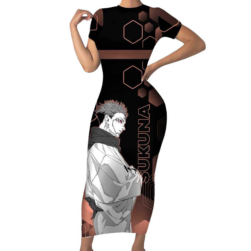 Ryomen Sukuna Jujutsu Kaisen Brown Hexagon Design Short Sleeve Bodycon Dress with Cursed Marks and Manga Style Art - The Mazicc