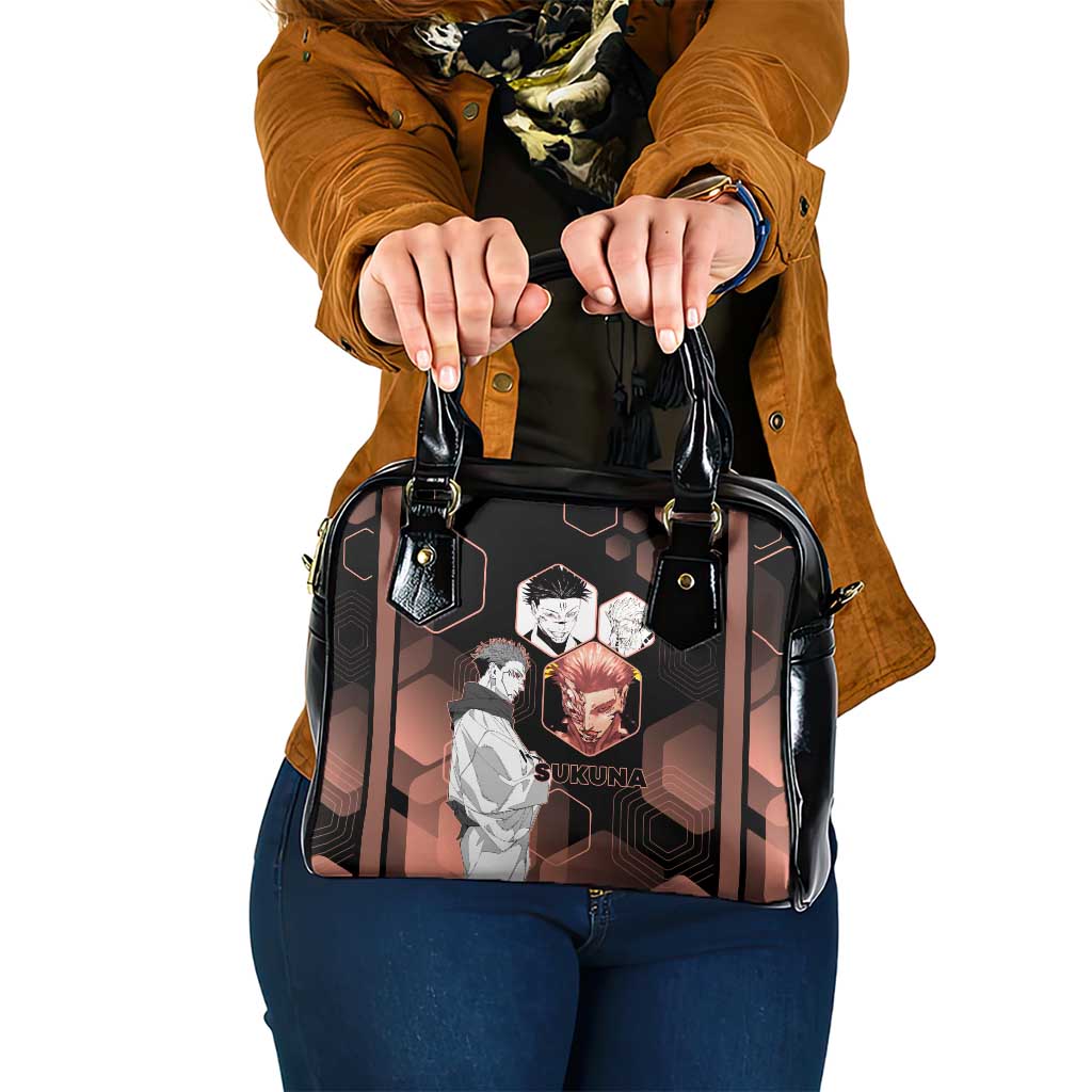 Ryomen Sukuna Jujutsu Kaisen Brown Hexagon Design Shoulder Handbag with Cursed Marks and Manga Style Art - The Mazicc