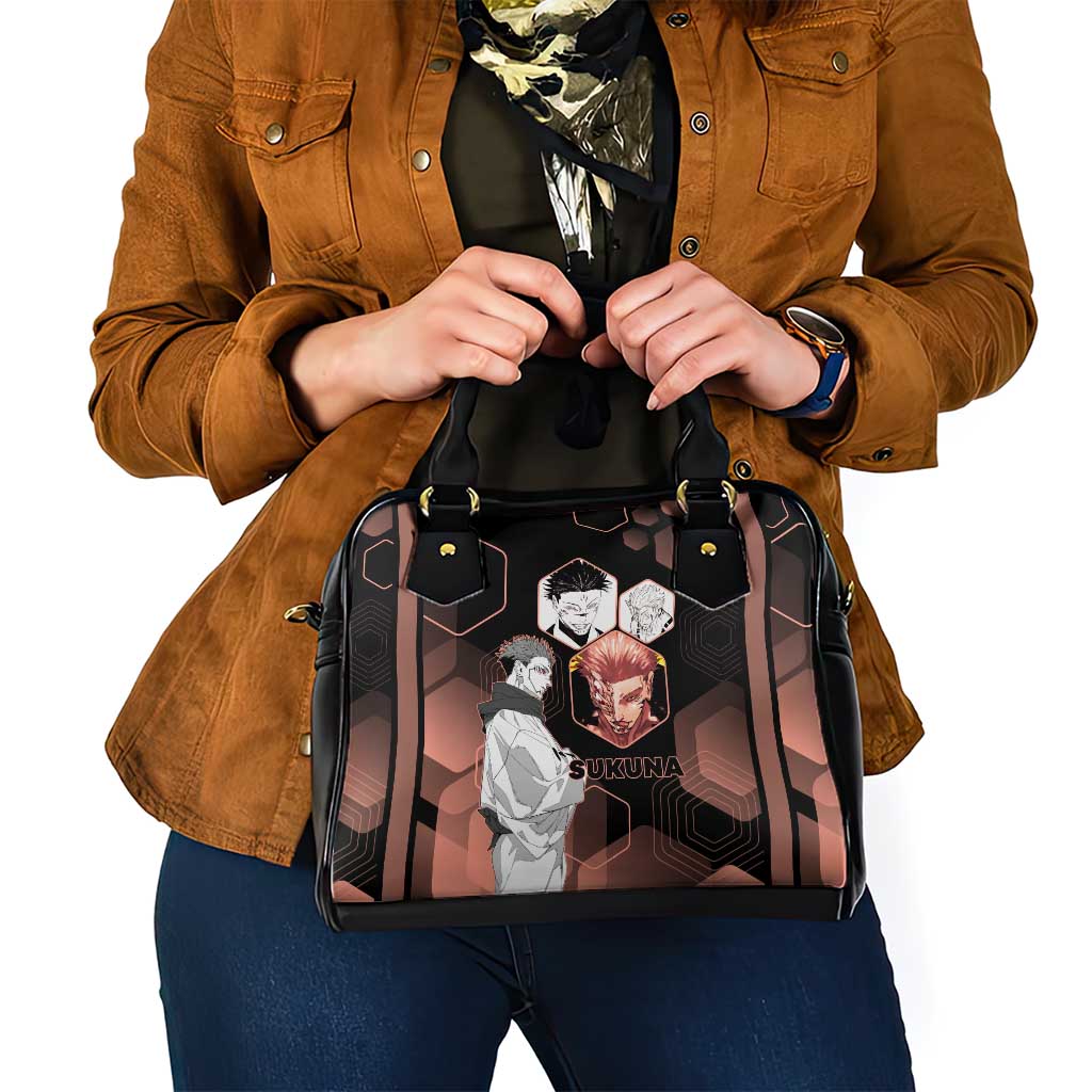 Ryomen Sukuna Jujutsu Kaisen Brown Hexagon Design Shoulder Handbag with Cursed Marks and Manga Style Art - The Mazicc