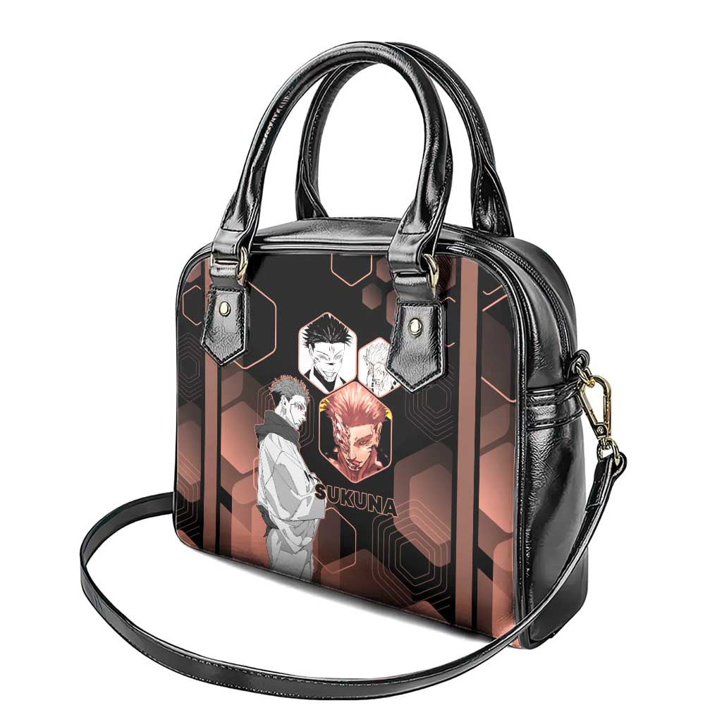 Ryomen Sukuna Jujutsu Kaisen Brown Hexagon Design Shoulder Handbag with Cursed Marks and Manga Style Art - The Mazicc