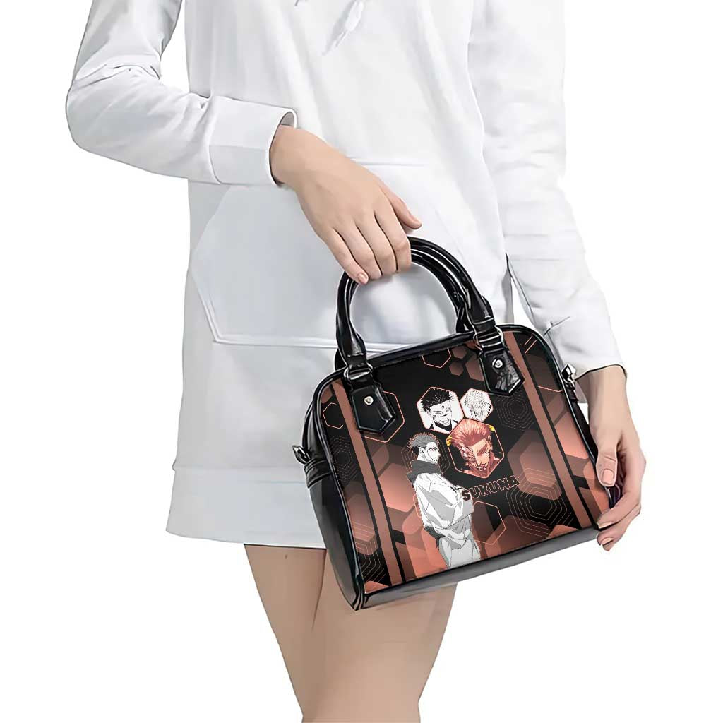 Ryomen Sukuna Jujutsu Kaisen Brown Hexagon Design Shoulder Handbag with Cursed Marks and Manga Style Art - The Mazicc