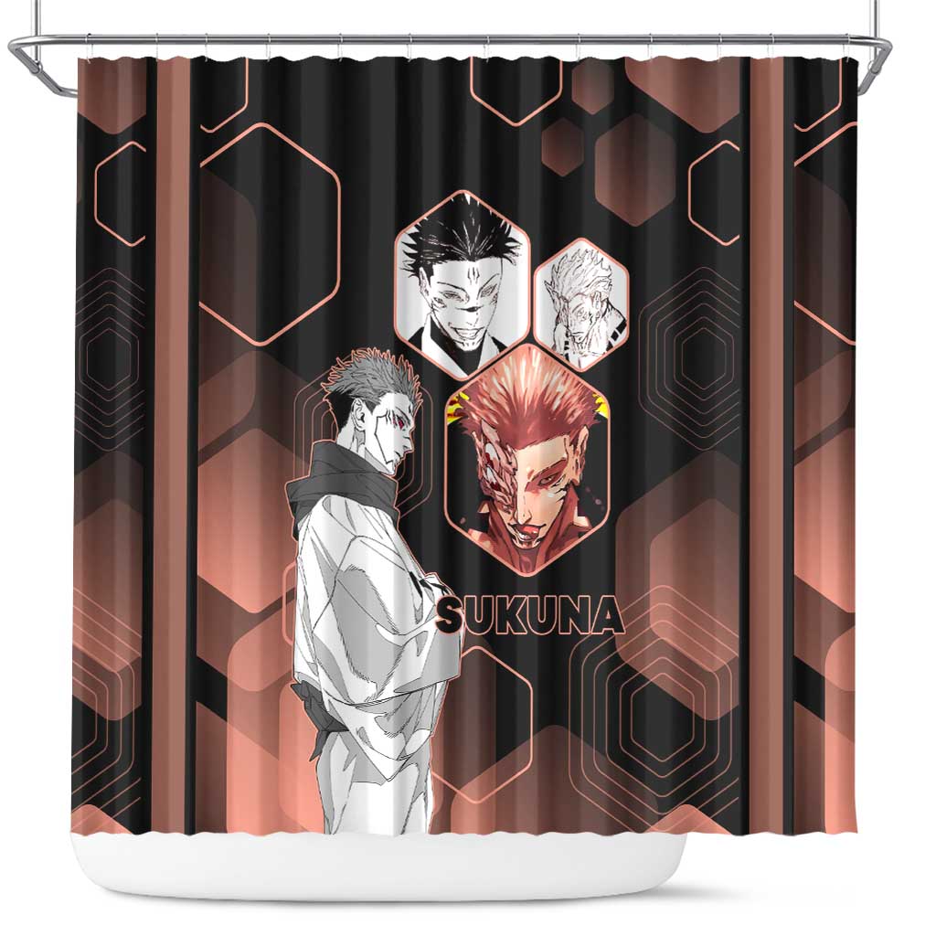 Ryomen Sukuna Jujutsu Kaisen Brown Hexagon Design Shower Curtain with Cursed Marks and Manga Style Art - The Mazicc