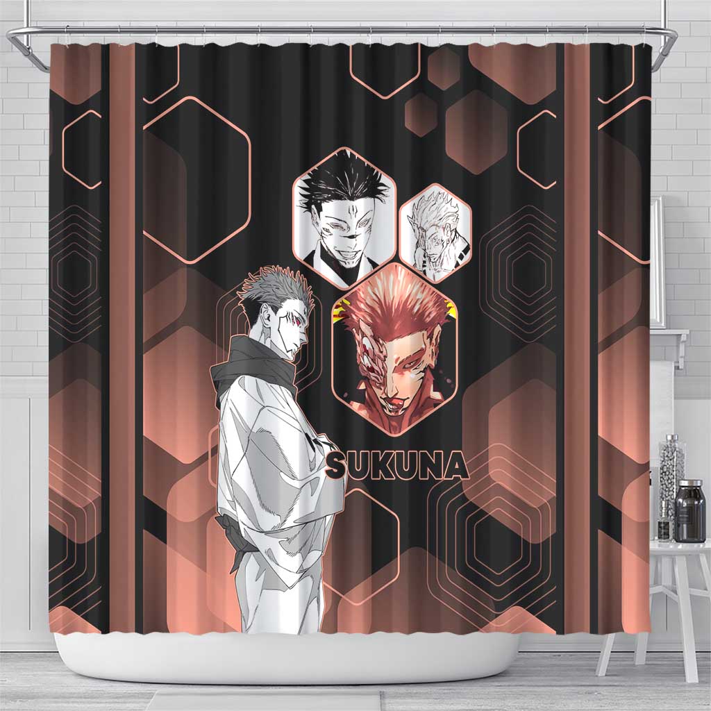 Ryomen Sukuna Jujutsu Kaisen Brown Hexagon Design Shower Curtain with Cursed Marks and Manga Style Art - The Mazicc