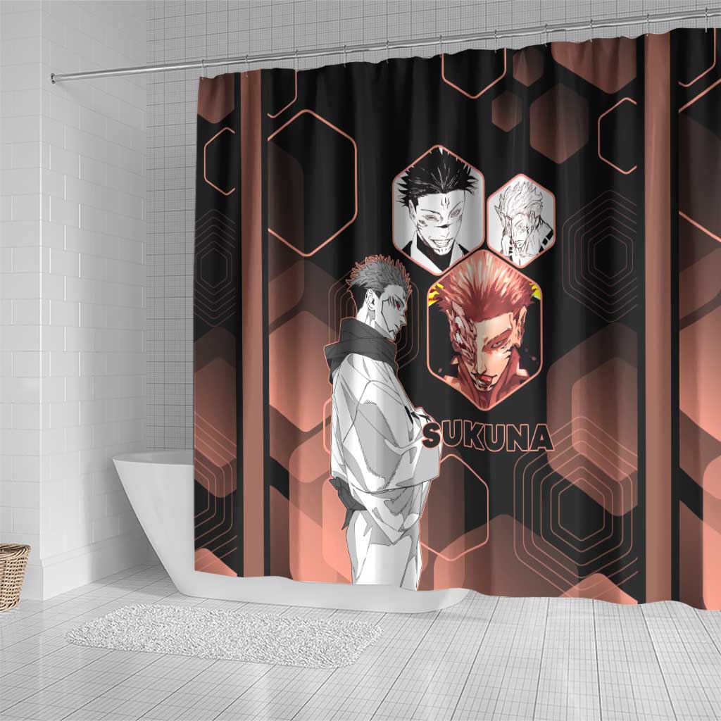 Ryomen Sukuna Jujutsu Kaisen Brown Hexagon Design Shower Curtain with Cursed Marks and Manga Style Art - The Mazicc