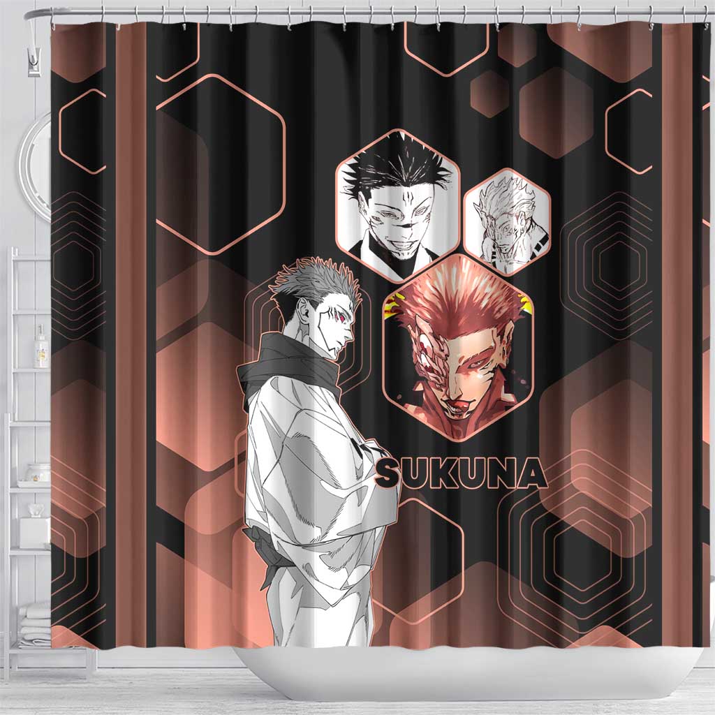 Ryomen Sukuna Jujutsu Kaisen Brown Hexagon Design Shower Curtain with Cursed Marks and Manga Style Art - The Mazicc