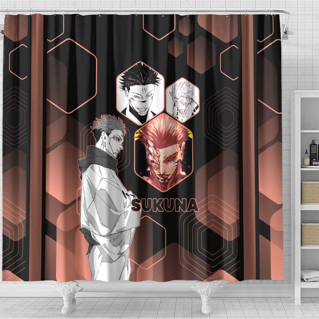 Ryomen Sukuna Jujutsu Kaisen Brown Hexagon Design Shower Curtain with Cursed Marks and Manga Style Art - The Mazicc