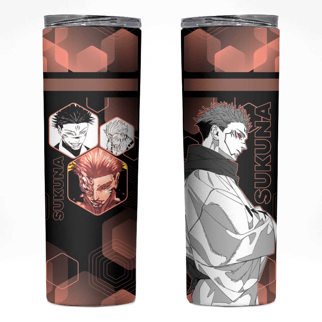 Ryomen Sukuna Jujutsu Kaisen Brown Hexagon Design Skinny Tumbler with Cursed Marks and Manga Style Art - The Mazicc