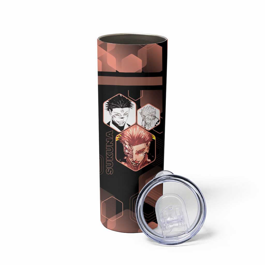Ryomen Sukuna Jujutsu Kaisen Brown Hexagon Design Skinny Tumbler with Cursed Marks and Manga Style Art - The Mazicc