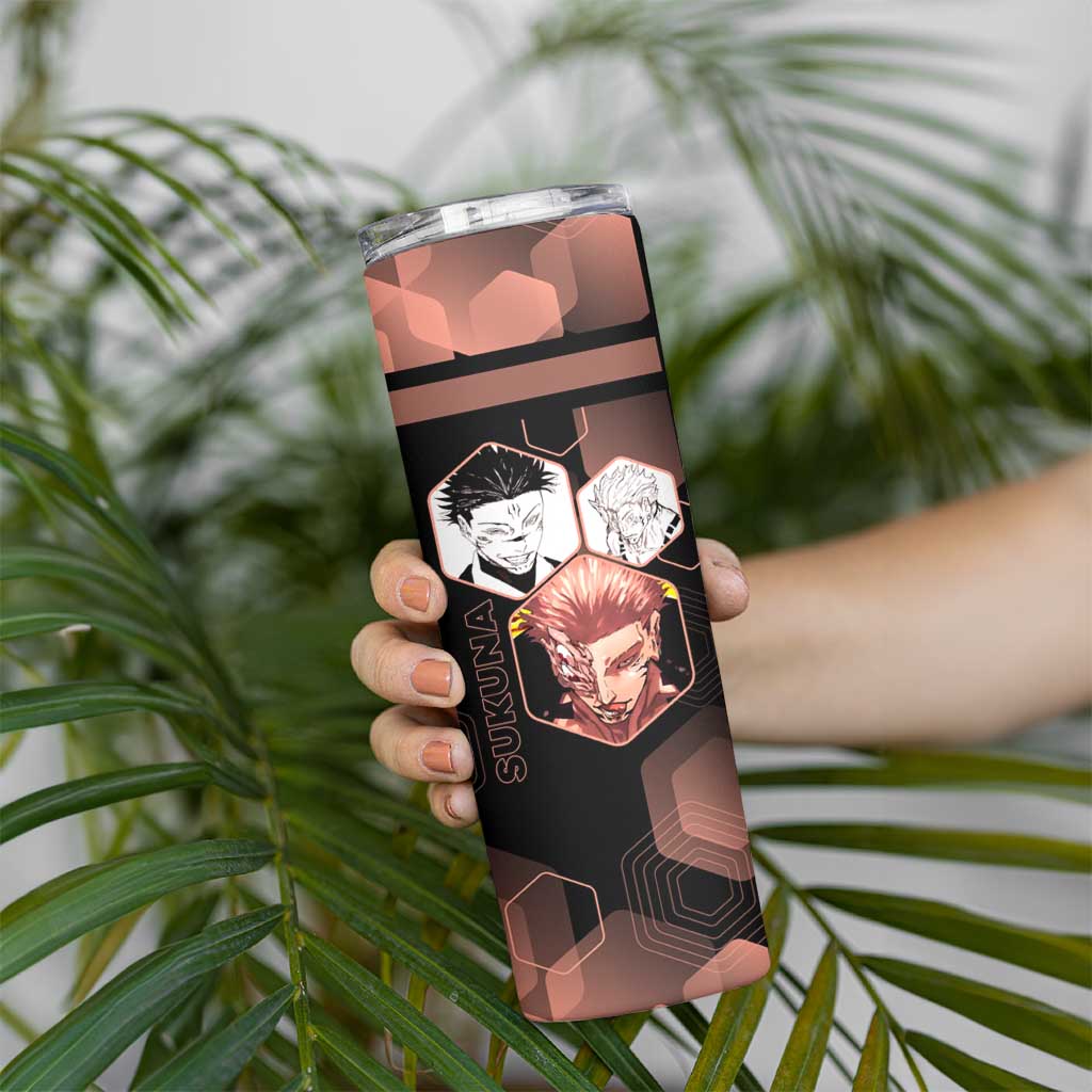 Ryomen Sukuna Jujutsu Kaisen Brown Hexagon Design Skinny Tumbler with Cursed Marks and Manga Style Art - The Mazicc