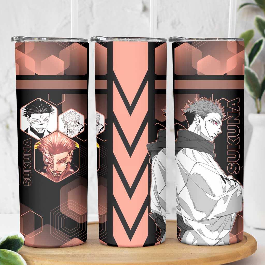 Ryomen Sukuna Jujutsu Kaisen Brown Hexagon Design Skinny Tumbler with Cursed Marks and Manga Style Art - The Mazicc