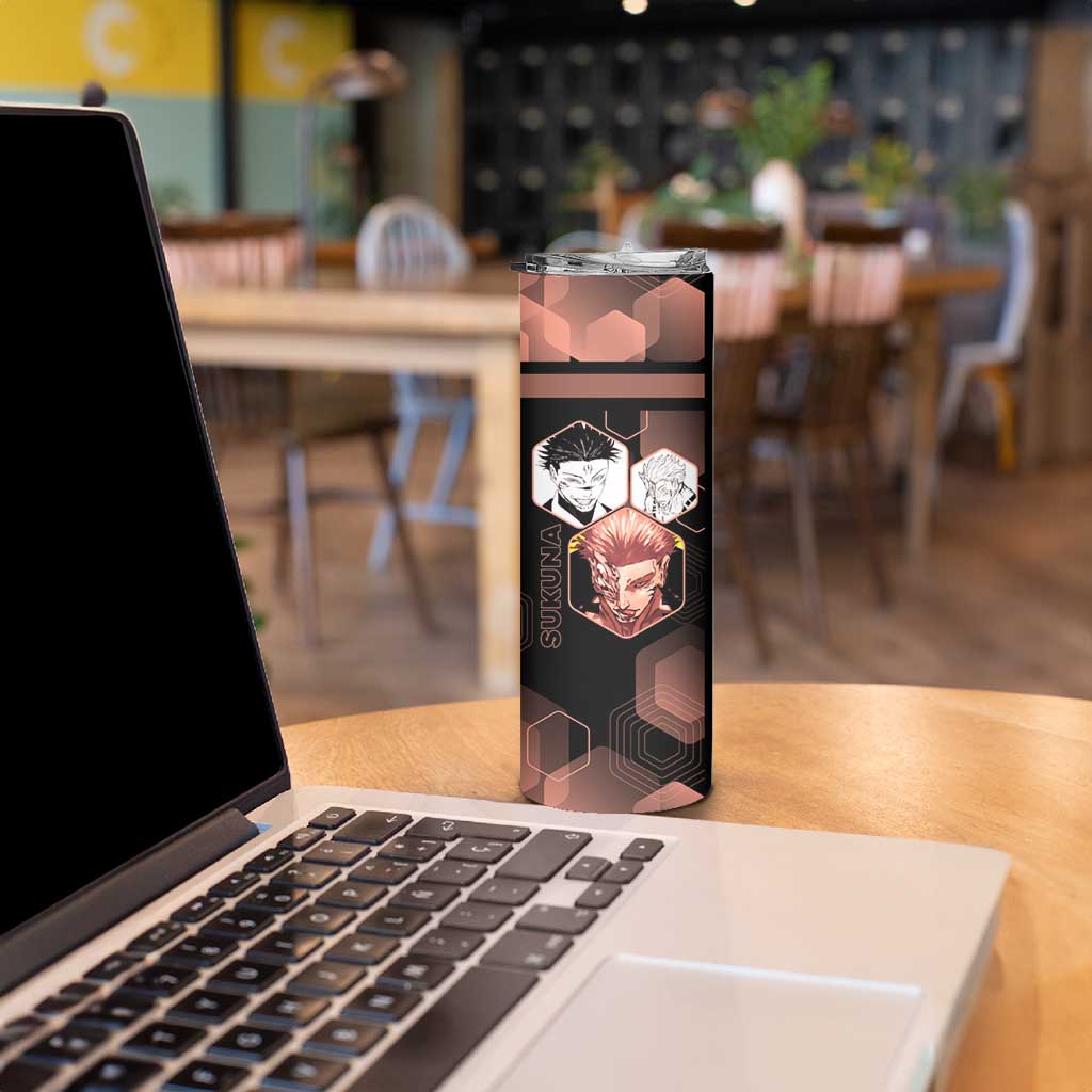 Ryomen Sukuna Jujutsu Kaisen Brown Hexagon Design Skinny Tumbler with Cursed Marks and Manga Style Art - The Mazicc