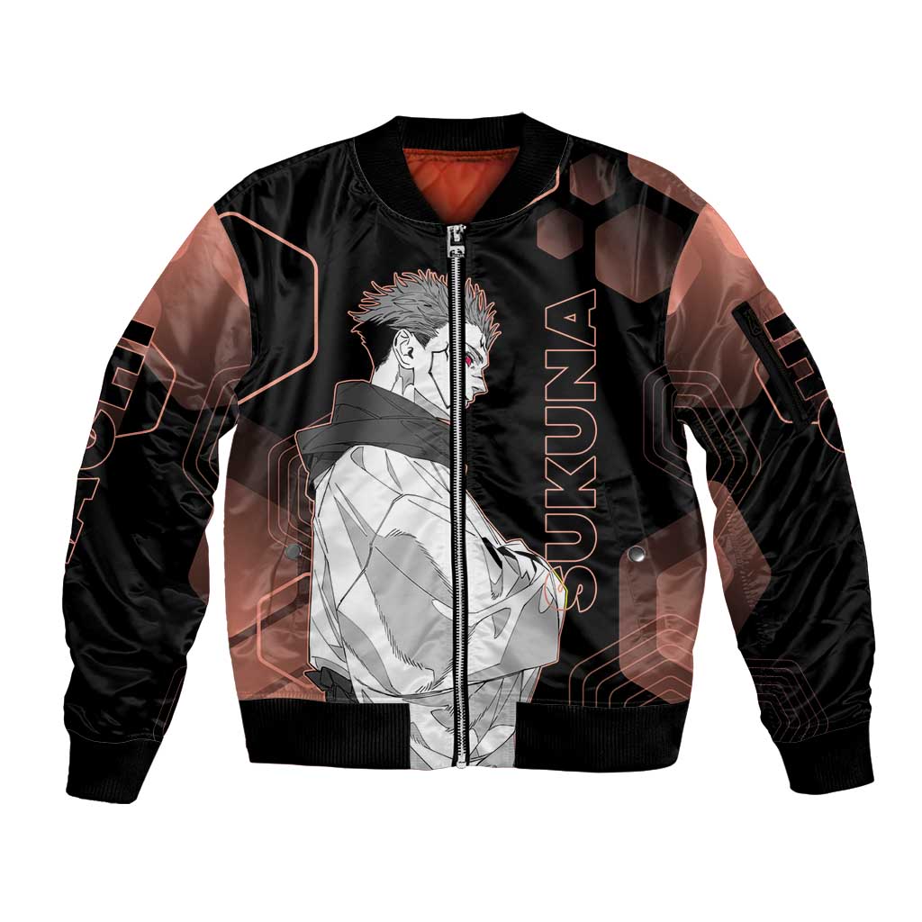 Ryomen Sukuna Jujutsu Kaisen Brown Hexagon Design Sleeve Zip Bomber Jacket with Cursed Marks and Manga Style Art - The Mazicc