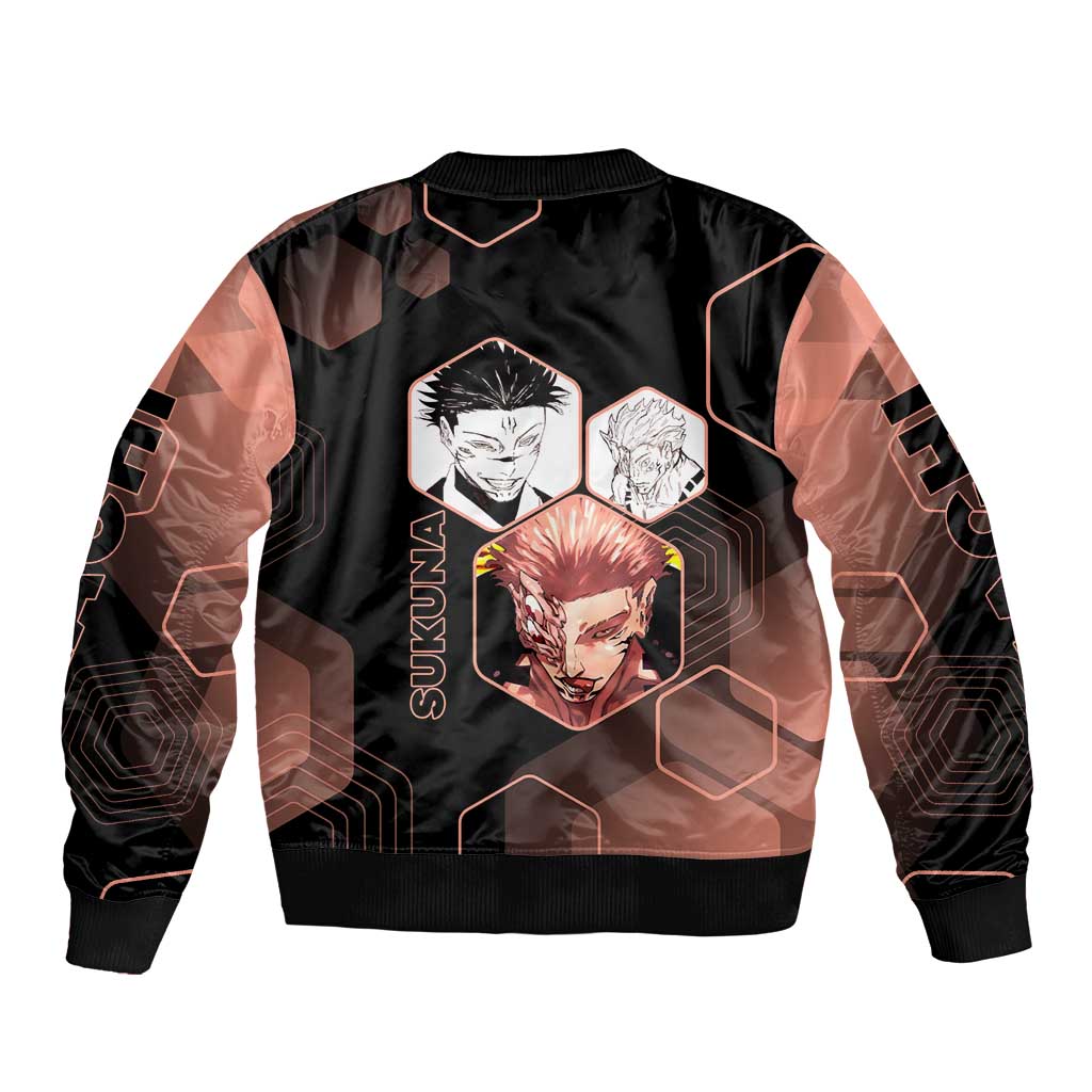 Ryomen Sukuna Jujutsu Kaisen Brown Hexagon Design Sleeve Zip Bomber Jacket with Cursed Marks and Manga Style Art - The Mazicc