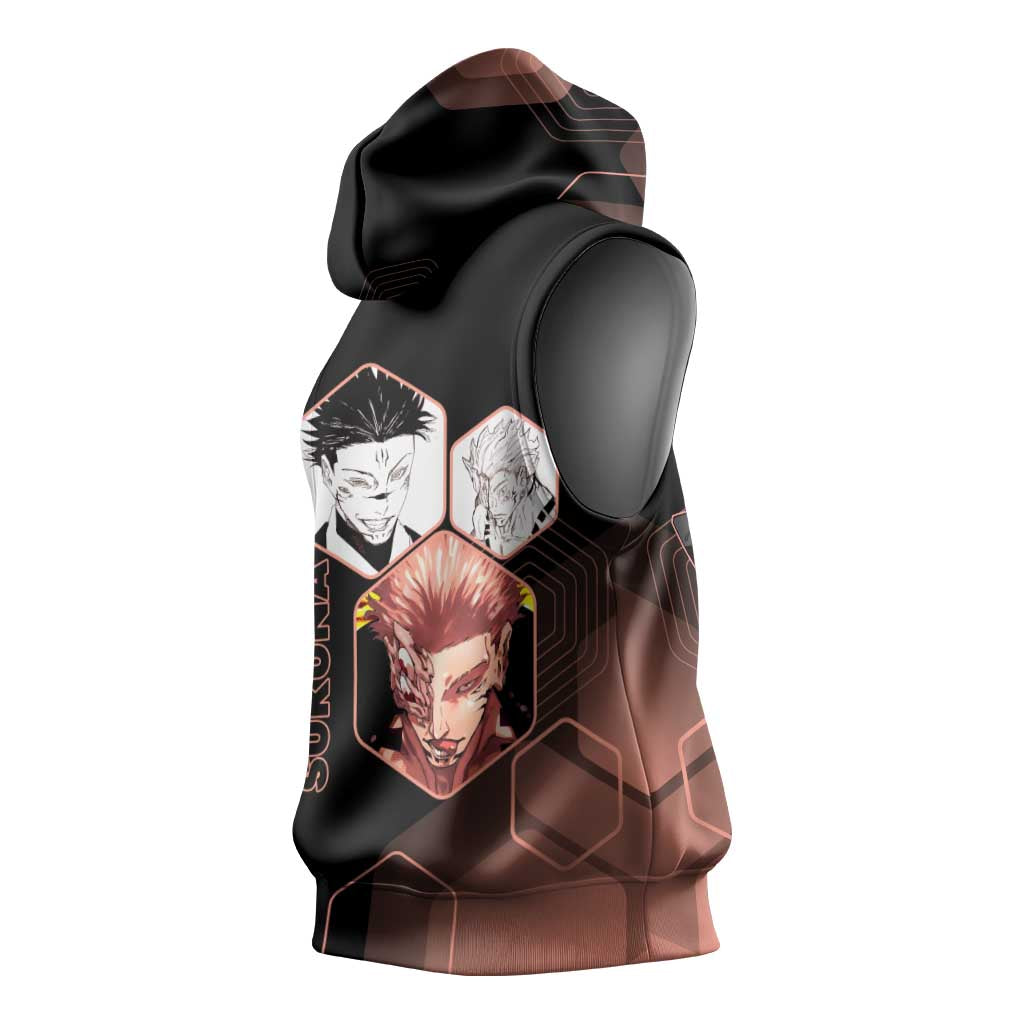Ryomen Sukuna Jujutsu Kaisen Brown Hexagon Design Sleeveless Hoodie with Cursed Marks and Manga Style Art - The Mazicc
