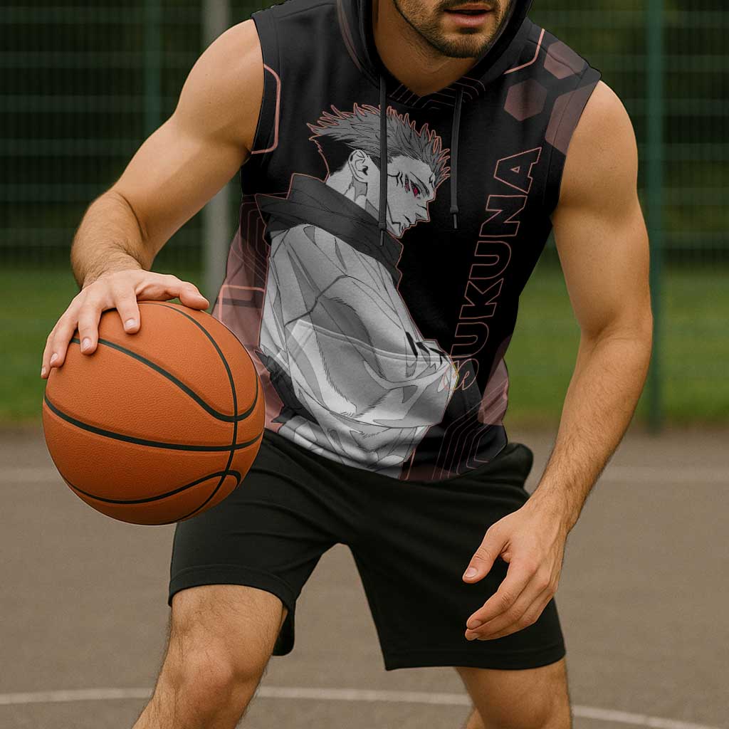 Ryomen Sukuna Jujutsu Kaisen Brown Hexagon Design Sleeveless Hoodie with Cursed Marks and Manga Style Art - The Mazicc