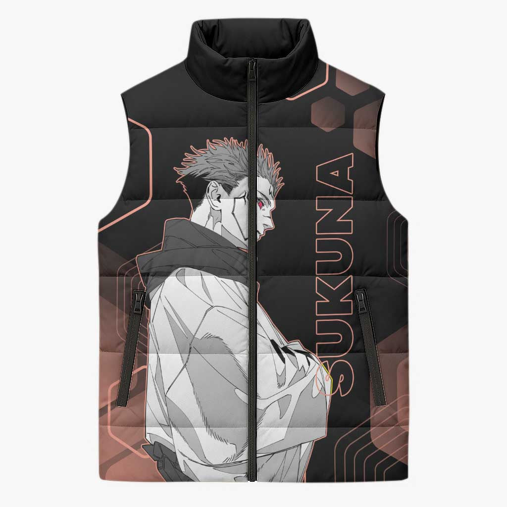 Ryomen Sukuna Jujutsu Kaisen Brown Hexagon Design Sleeveless Puffer Jacket with Cursed Marks and Manga Style Art - The Mazicc