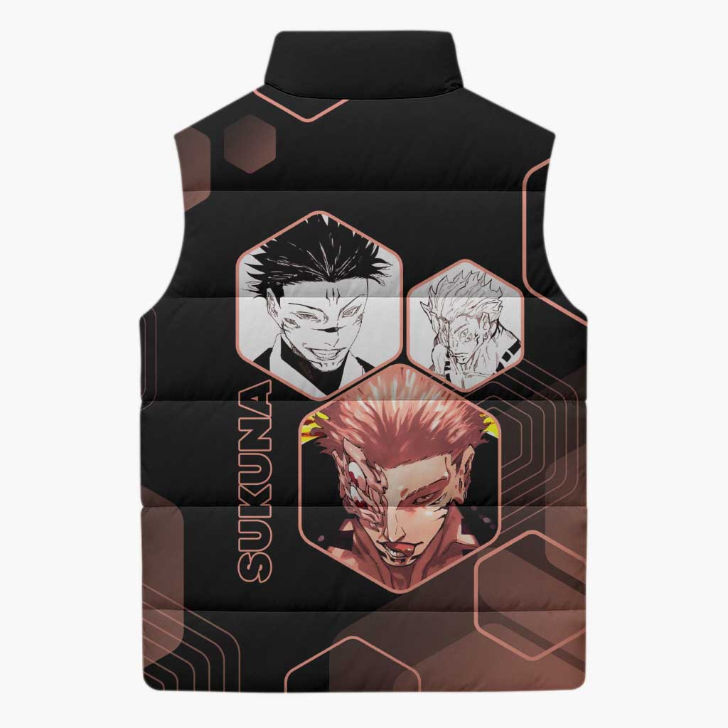 Ryomen Sukuna Jujutsu Kaisen Brown Hexagon Design Sleeveless Puffer Jacket with Cursed Marks and Manga Style Art - The Mazicc