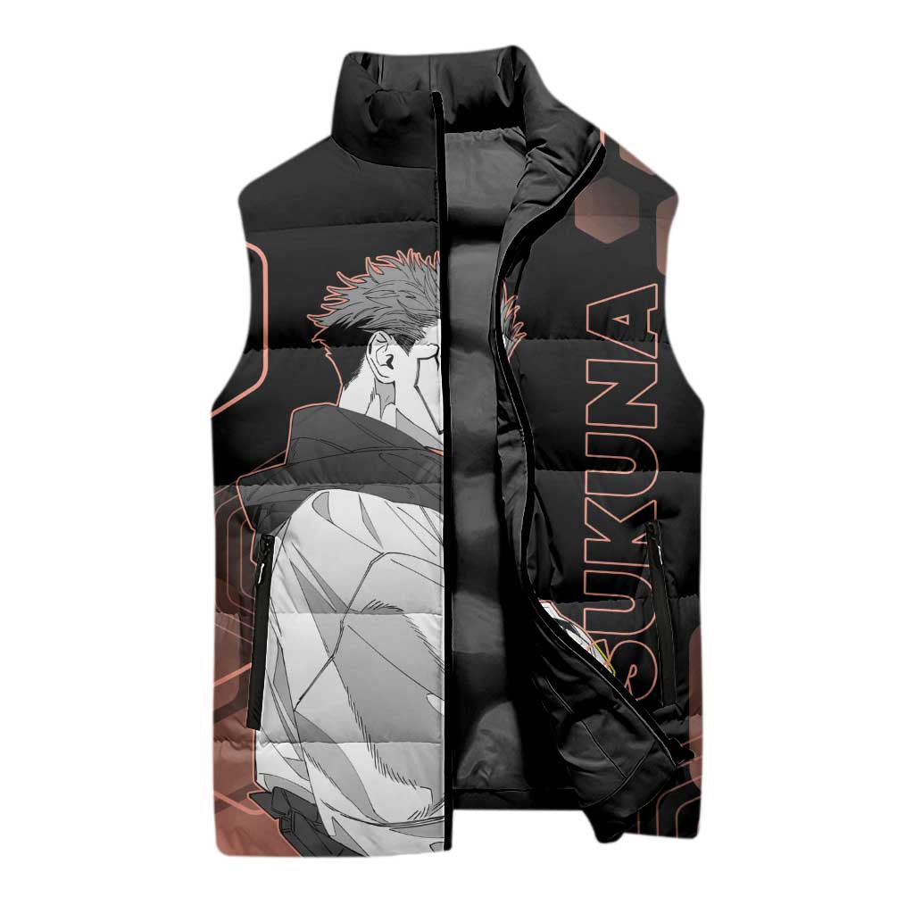 Ryomen Sukuna Jujutsu Kaisen Brown Hexagon Design Sleeveless Puffer Jacket with Cursed Marks and Manga Style Art - The Mazicc
