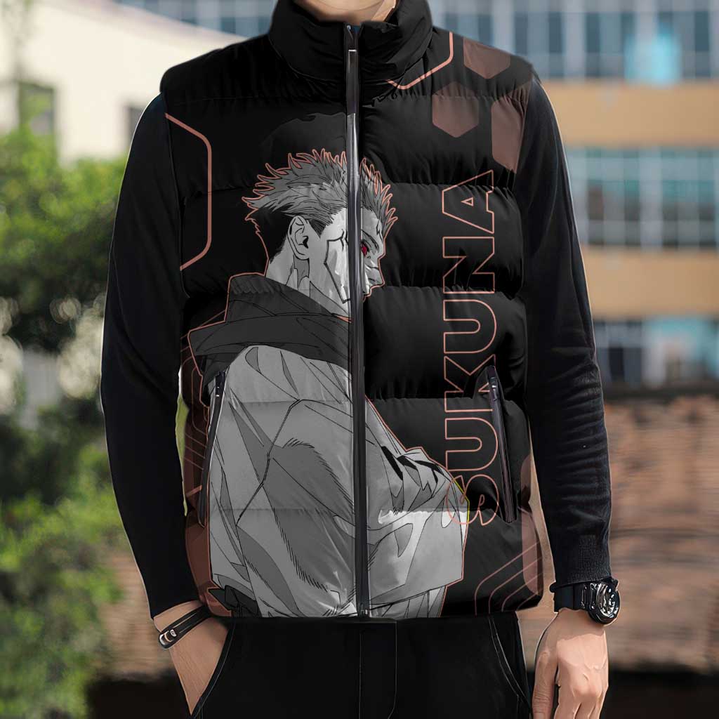 Ryomen Sukuna Jujutsu Kaisen Brown Hexagon Design Sleeveless Puffer Jacket with Cursed Marks and Manga Style Art - The Mazicc