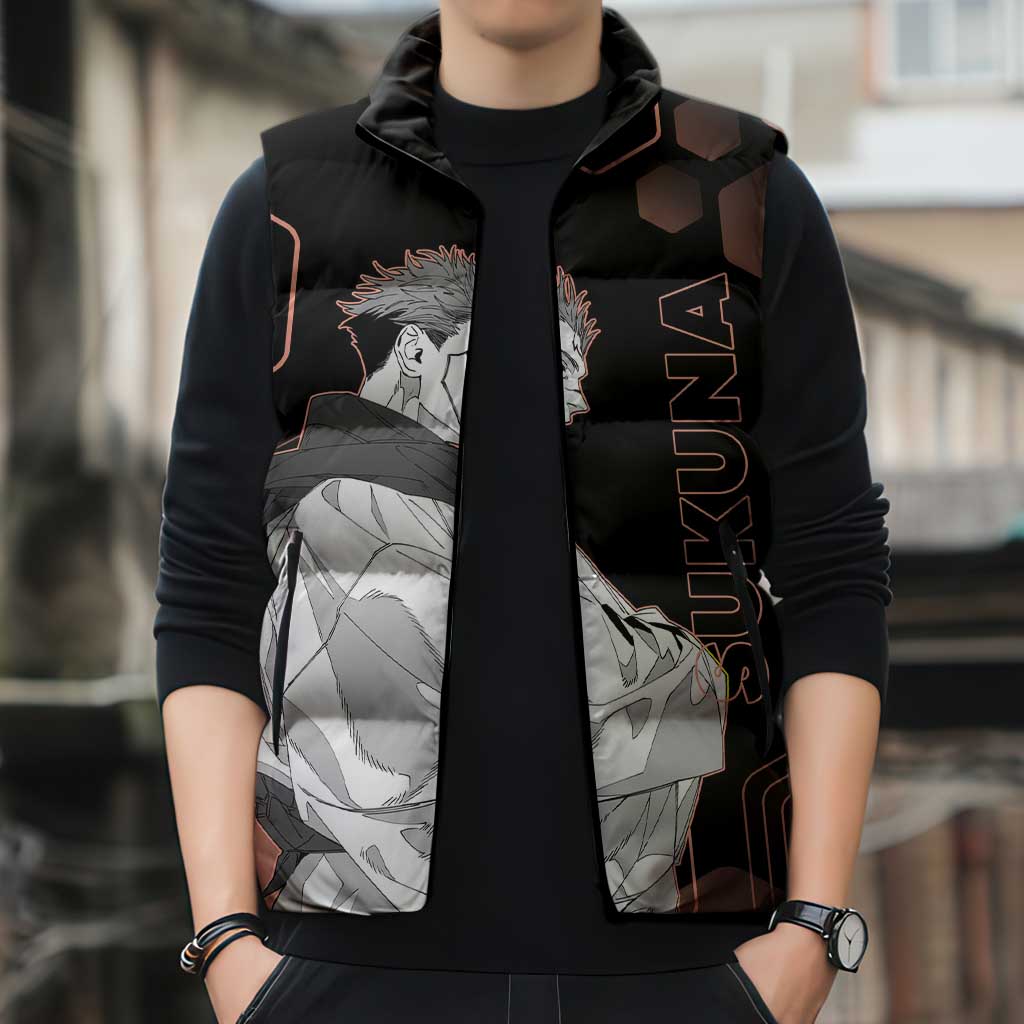 Ryomen Sukuna Jujutsu Kaisen Brown Hexagon Design Sleeveless Puffer Jacket with Cursed Marks and Manga Style Art - The Mazicc