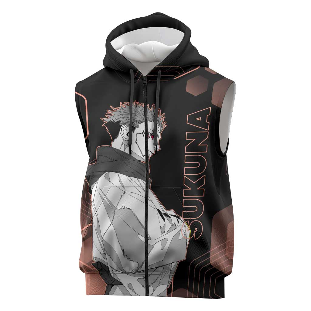 Ryomen Sukuna Jujutsu Kaisen Brown Hexagon Design Sleeveless Zip Hoodie with Cursed Marks and Manga Style Art - The Mazicc