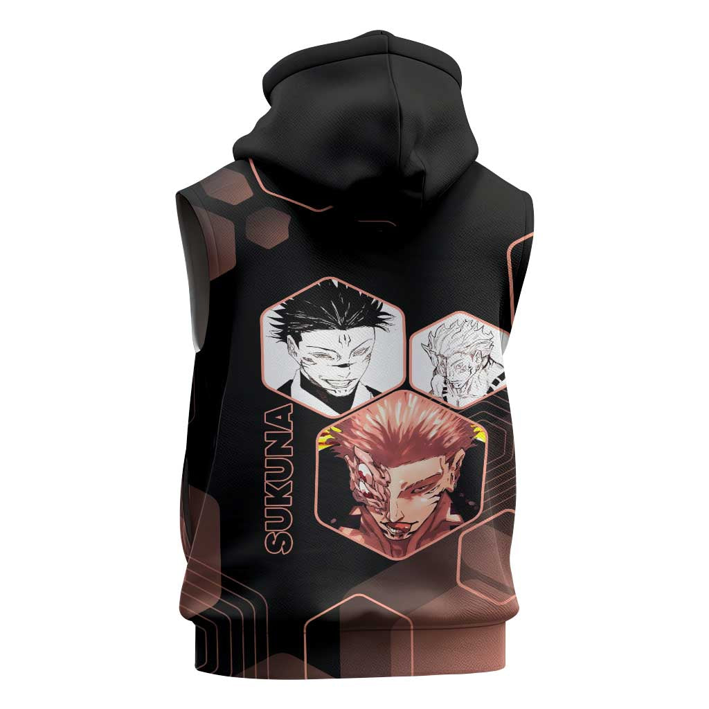 Ryomen Sukuna Jujutsu Kaisen Brown Hexagon Design Sleeveless Zip Hoodie with Cursed Marks and Manga Style Art - The Mazicc