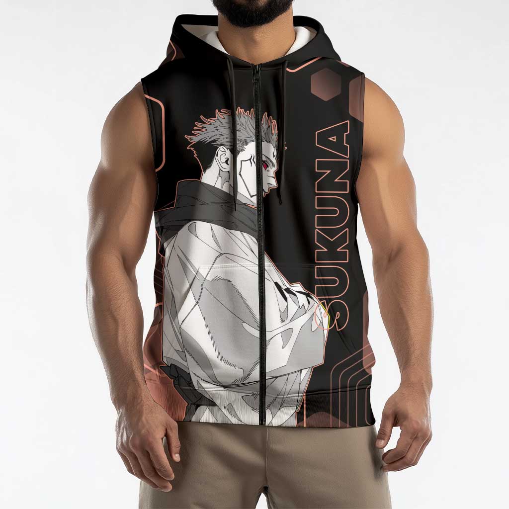 Ryomen Sukuna Jujutsu Kaisen Brown Hexagon Design Sleeveless Zip Hoodie with Cursed Marks and Manga Style Art - The Mazicc
