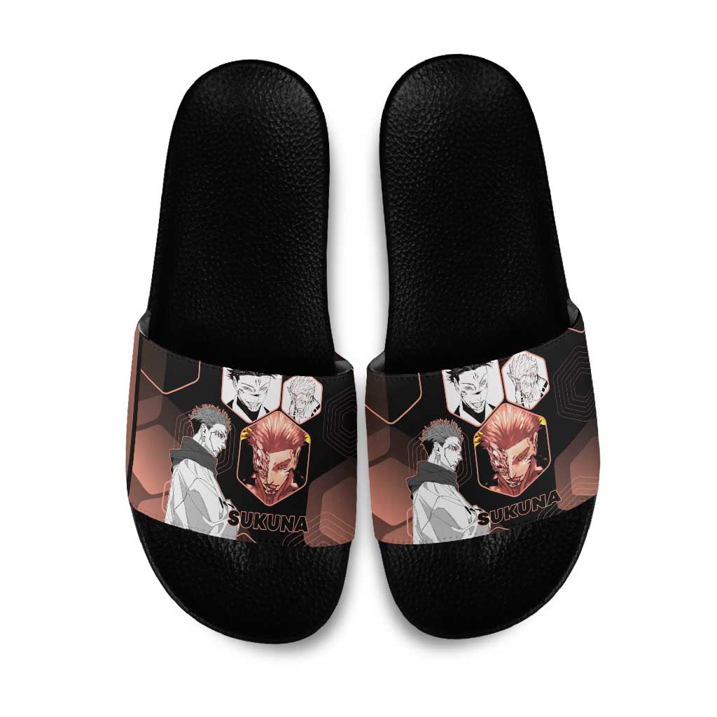 Ryomen Sukuna Jujutsu Kaisen Brown Hexagon Design Slide Sandals with Cursed Marks and Manga Style Art - The Mazicc