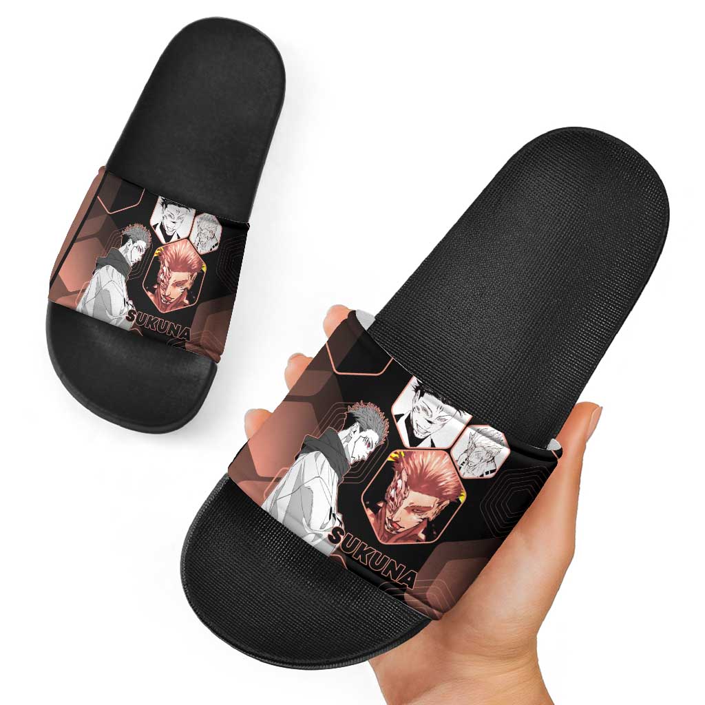 Ryomen Sukuna Jujutsu Kaisen Brown Hexagon Design Slide Sandals with Cursed Marks and Manga Style Art - The Mazicc
