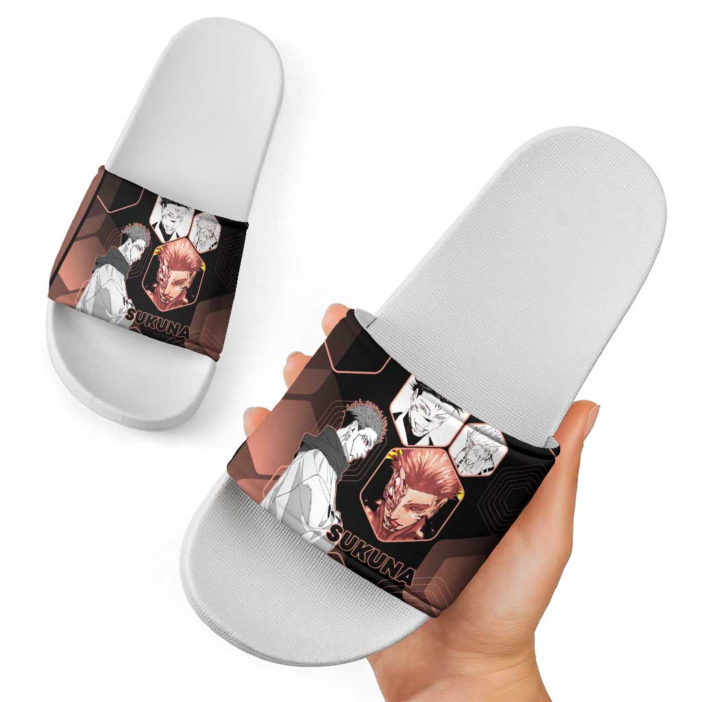 Ryomen Sukuna Jujutsu Kaisen Brown Hexagon Design Slide Sandals with Cursed Marks and Manga Style Art - The Mazicc