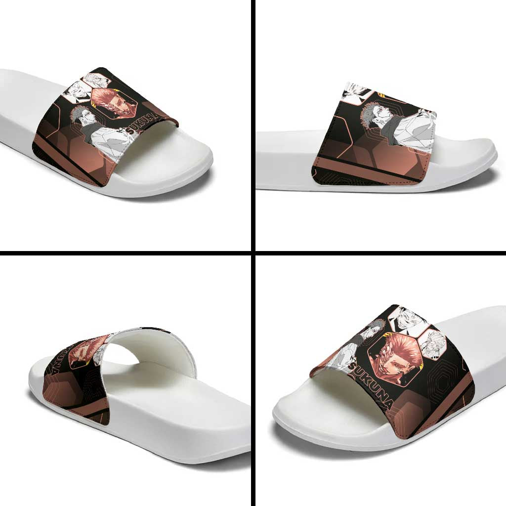Ryomen Sukuna Jujutsu Kaisen Brown Hexagon Design Slide Sandals with Cursed Marks and Manga Style Art - The Mazicc