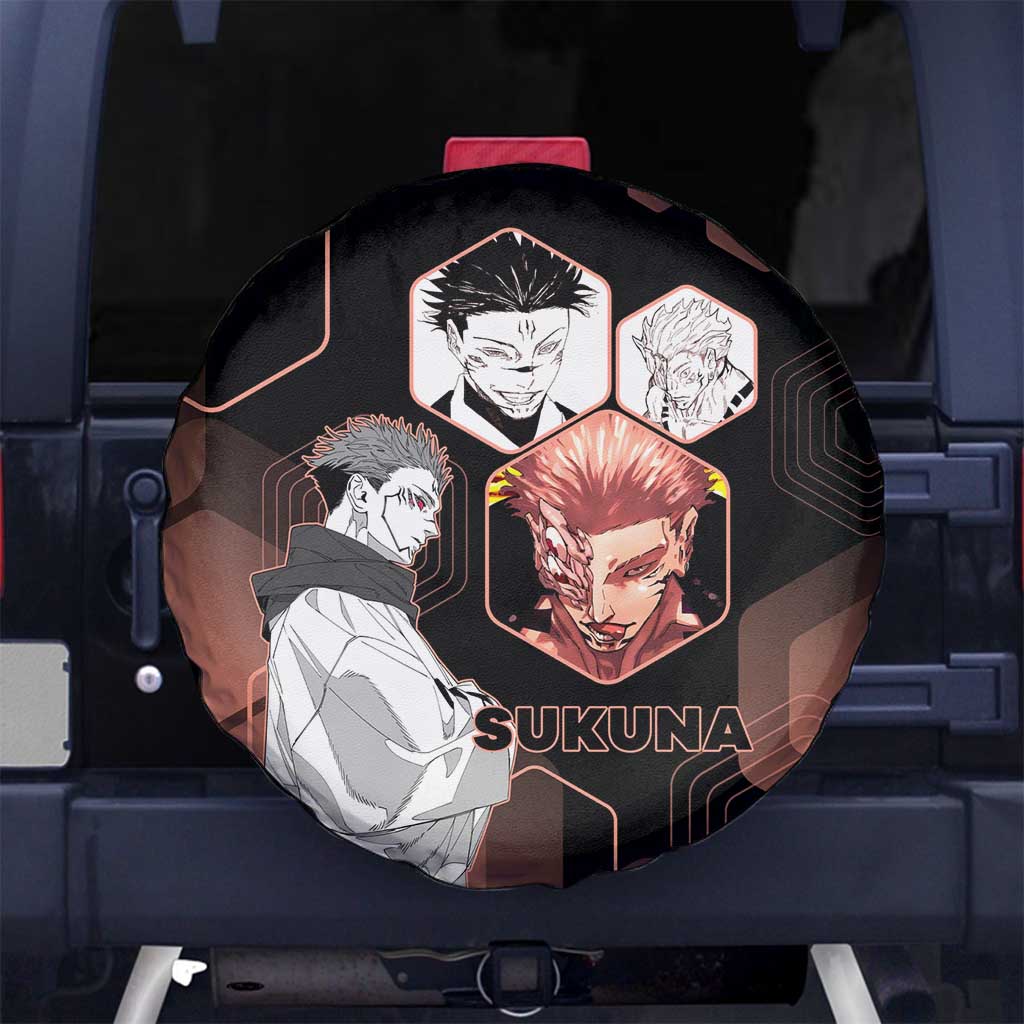 Ryomen Sukuna Jujutsu Kaisen Brown Hexagon Design Spare Tire Cover with Cursed Marks and Manga Style Art - The Mazicc