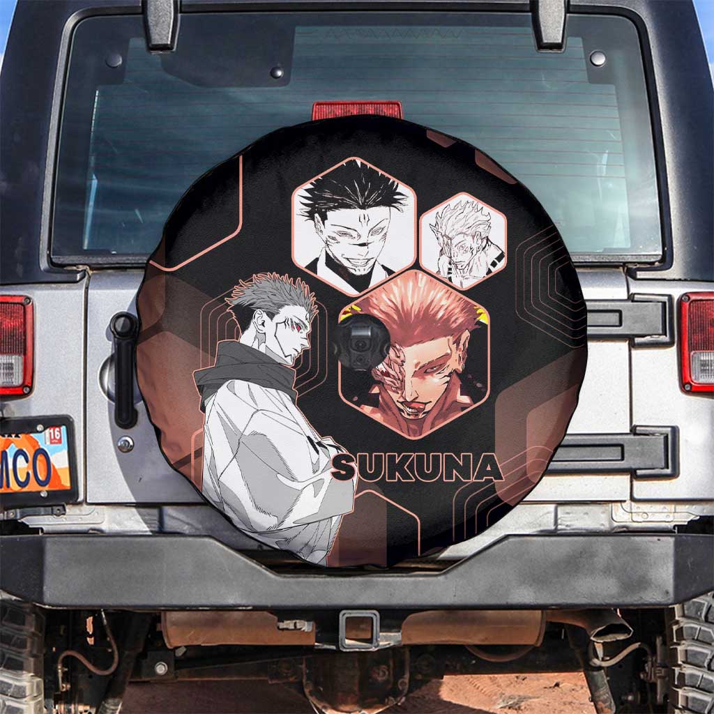 Ryomen Sukuna Jujutsu Kaisen Brown Hexagon Design Spare Tire Cover with Cursed Marks and Manga Style Art - The Mazicc