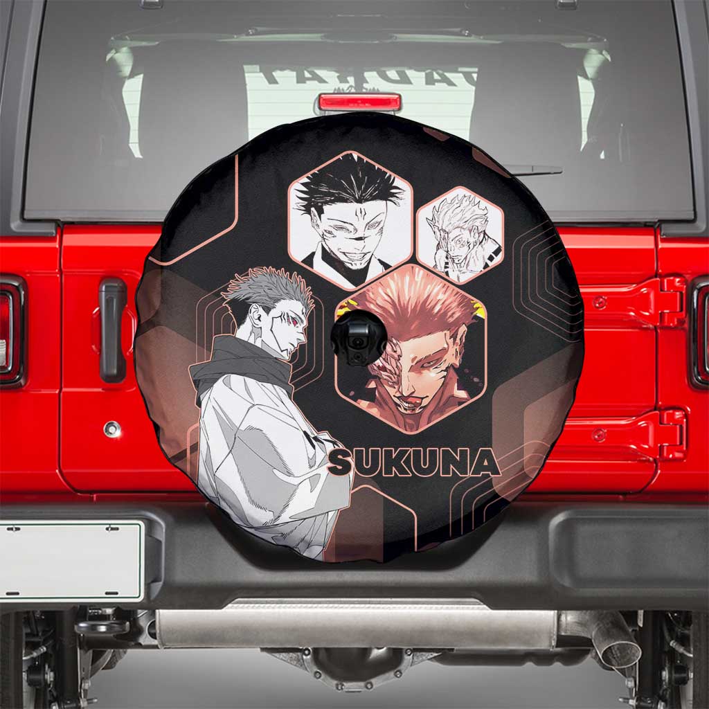 Ryomen Sukuna Jujutsu Kaisen Brown Hexagon Design Spare Tire Cover with Cursed Marks and Manga Style Art - The Mazicc